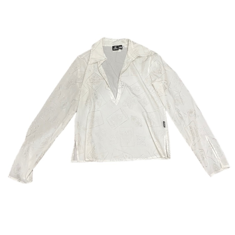 Versace all over embossed silver graphic blouse with deep v neck